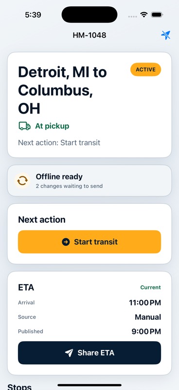 HaulMate active load screen showing the next action and ETA